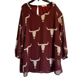 Peach Love Burgundy Longhorn Skull Print Sheer Blouse Keyhole Back UT Spirit TX